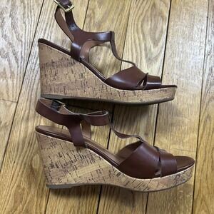 Franco Sarto Brown Leather Cork Wedge Heels‎ T Strap Buckle Platform Sandals